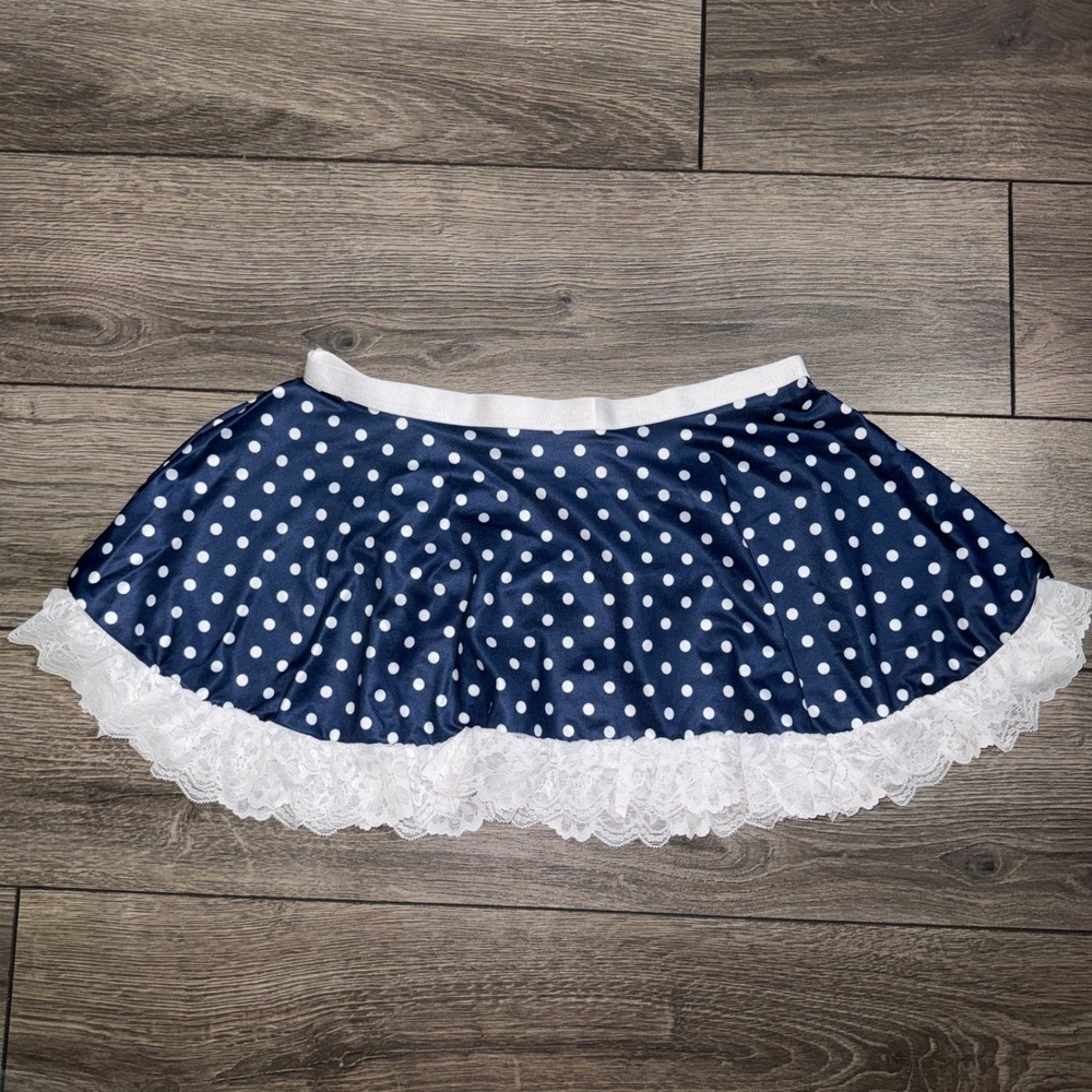 Navy Polka Dot Maid Costume Skirt White Lace Trim Apron Detail Mini Skirt